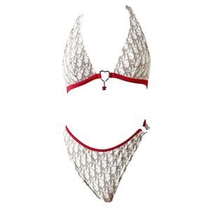 S AUTH VTG Christian Dior Tan Red Charm Trotter Logo Print Bikini Swimsuit